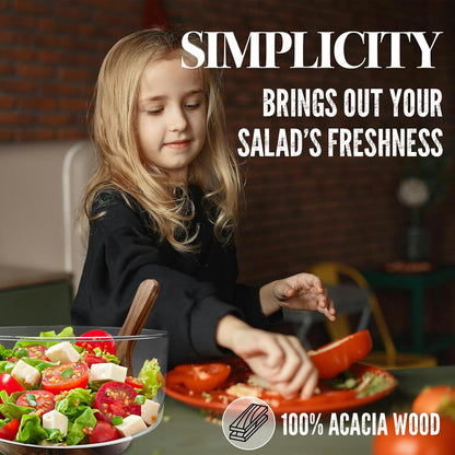 Premium Large Glass Salad Bowl Set with Acacia Wood Base and Serving Utensils   Ideal for Hosting Parties, Host Family Gatherings, and Everyday Use   Elegant, Durable, and Practical Kitchen Essential